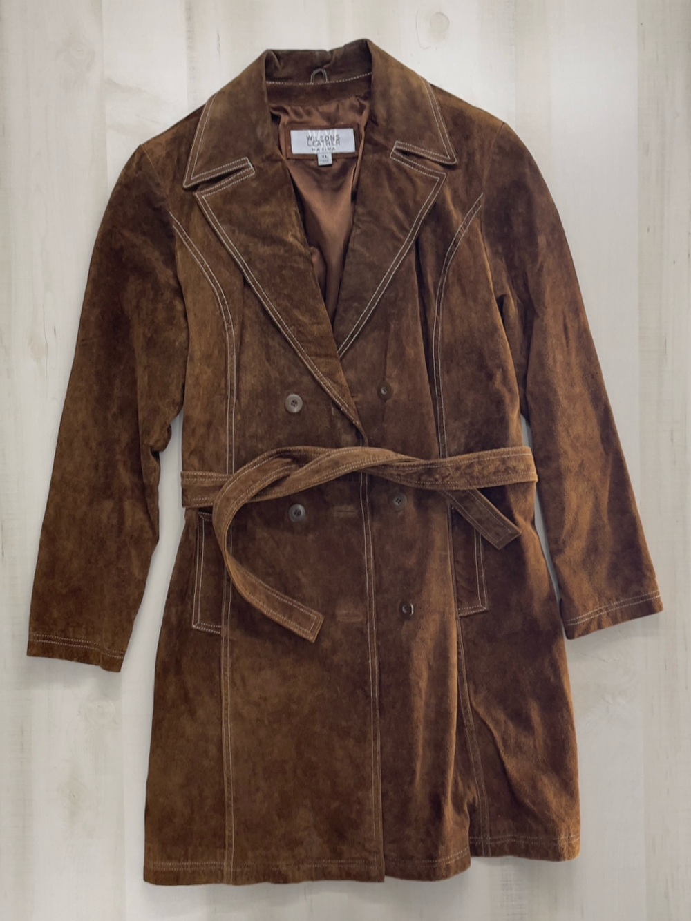 rare y2k WILSONS LEATHER maxima long brown suede leather jacket coat xl belted - Picture 2 of 8